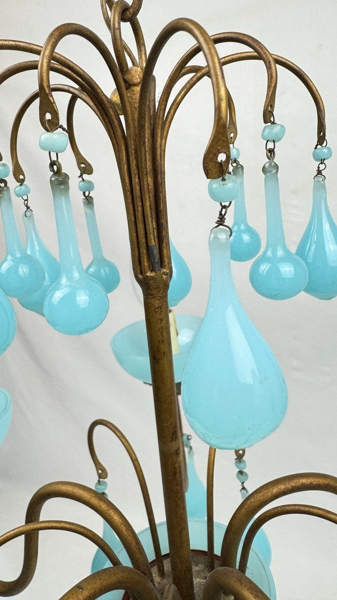 Lustre italien en laiton et opaline bleue, années 50