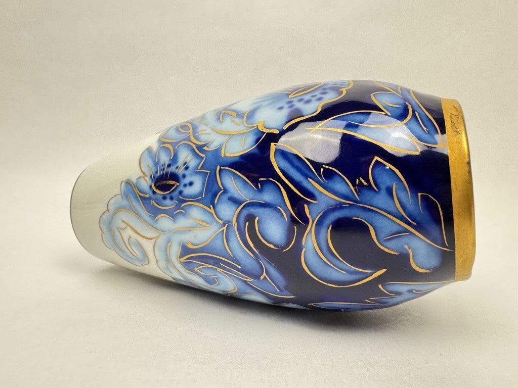Vase n°6 Tharaud - Années 1950/60 - Décor Floral sur Fond Bleu Nuit, Filets Or