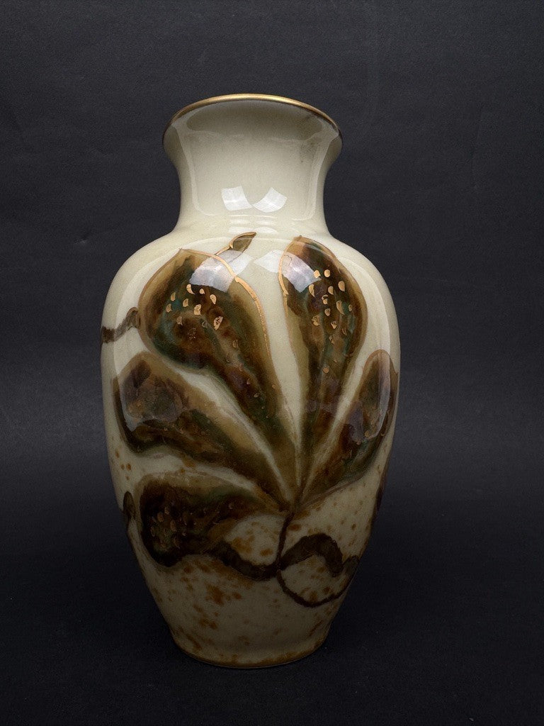 Vase n°9 manufacture Tharaud, vers 1950-1960, porcelaine brune aux feuilles