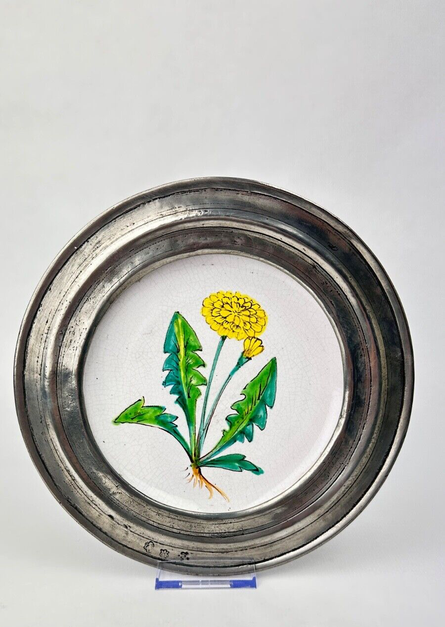 Assiette murale décorative faïence et étain au pissenlit