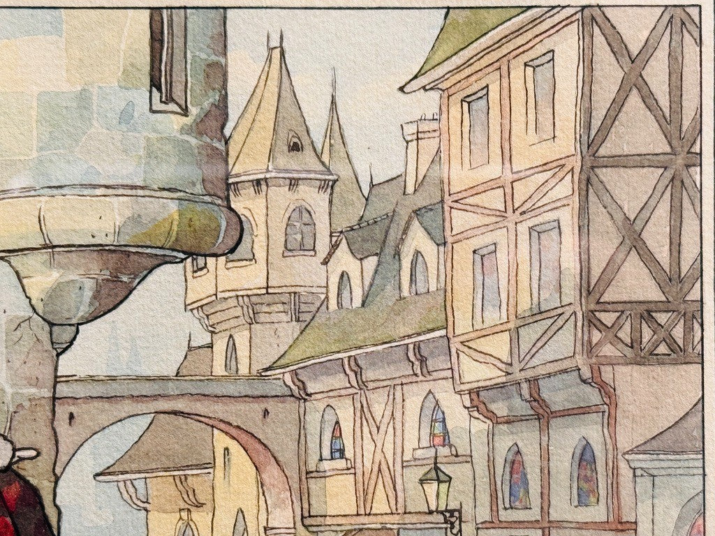 André Reuze (1896–1984) Aquarelle originale Scène de rue médiévale