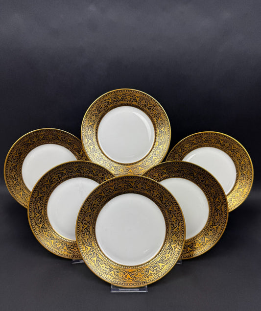 6 assiettes anciennes Limoges F Legrand noir et or, 18,5 cm