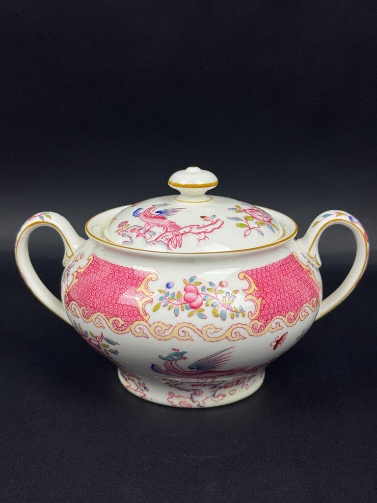 Minton, service à thé, 6 tasses et 3 pièces de forme, pink cockatrice, oiseau de