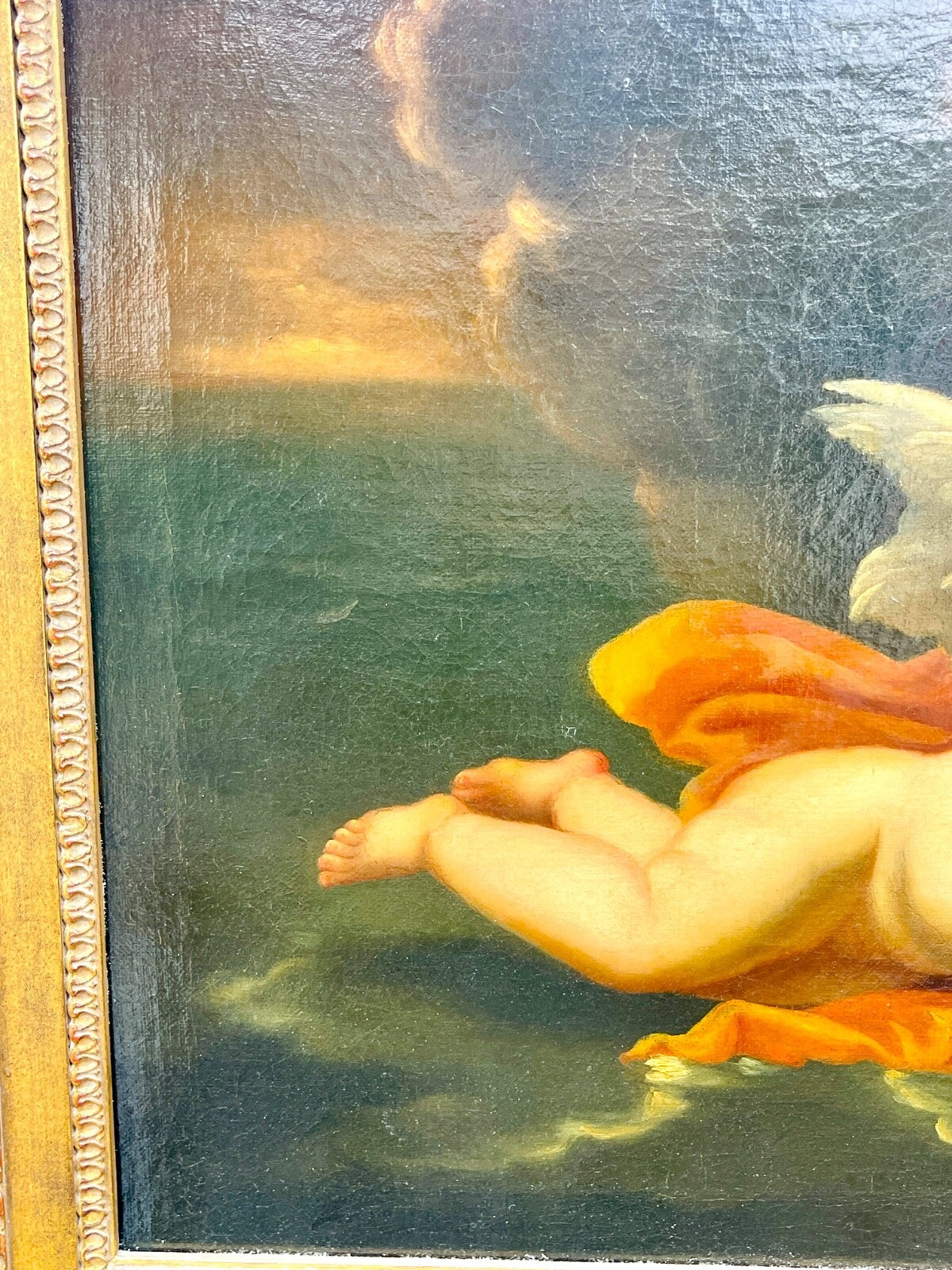 Huile Sur Toile, école Fin 17ème Début 18ème, Amour Tiré Par Un Dauphin
