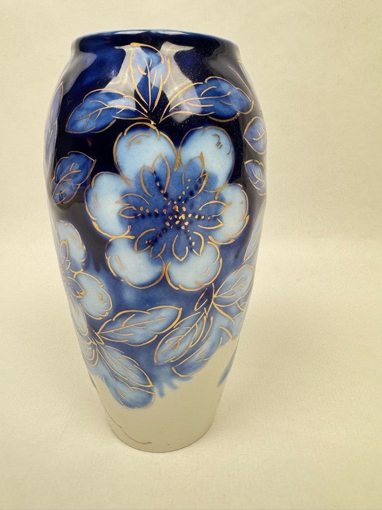 Vase n°7 Tharaud - Années 1950/60 - Décor Floral sur Fond Bleu et Or