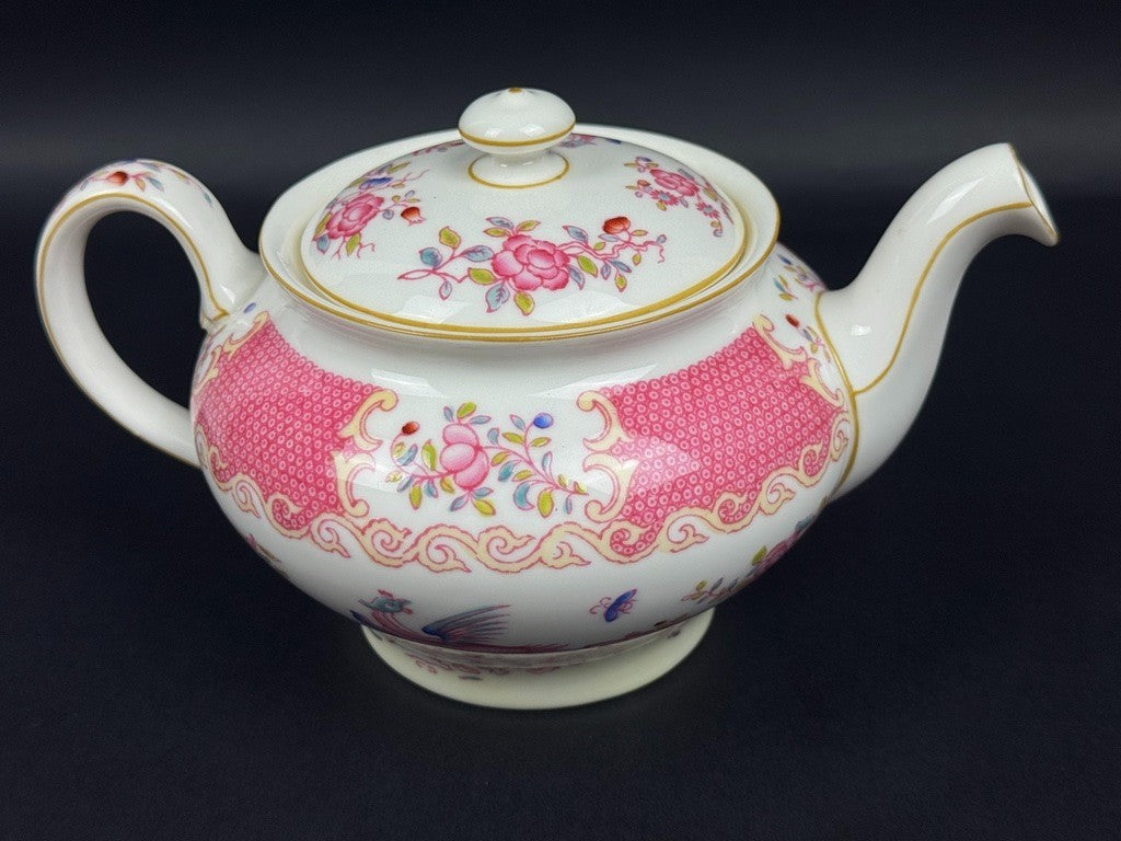 Minton, service à thé, 6 tasses et 3 pièces de forme, pink cockatrice, oiseau de