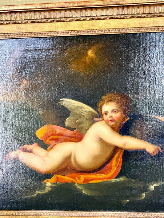Huile Sur Toile, école Fin 17ème Début 18ème, Amour Tiré Par Un Dauphin