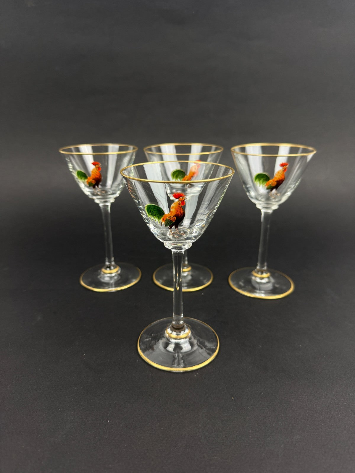 Suite De 4 Verres à Porto, à Cherry Dorflinger, Coq émaillé
