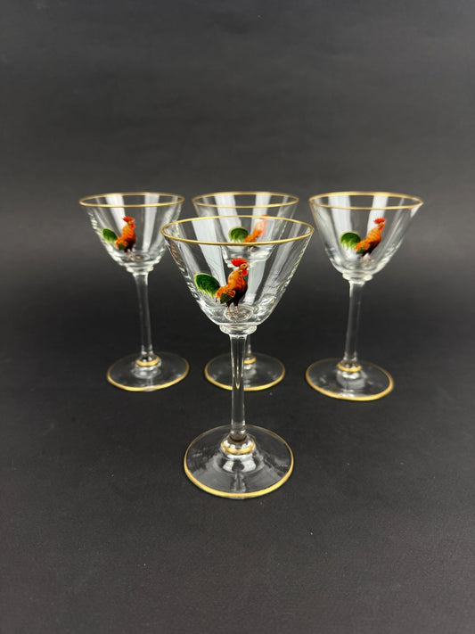 Suite De 4 Verres à Porto, à Cherry Dorflinger, Coq émaillé