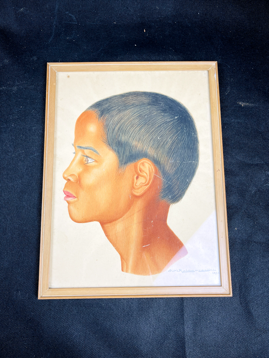 Tableau aquarelle  Portrait de jeune Malgache - Madagascar 1956