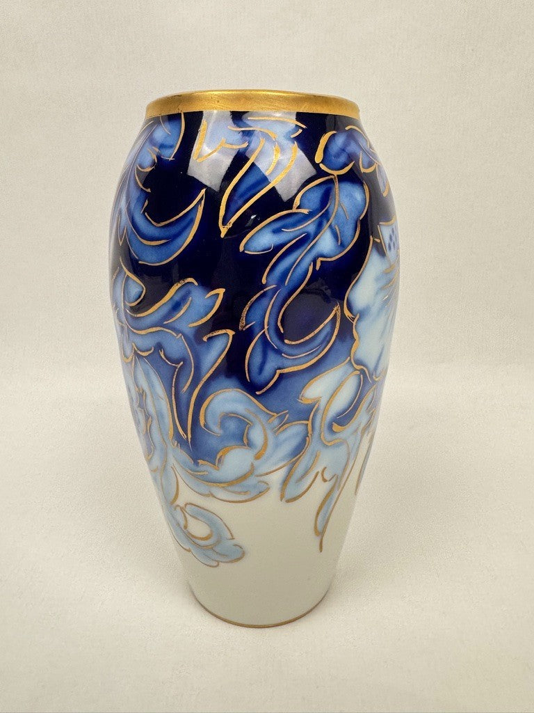 Vase n°6 Tharaud - Années 1950/60 - Décor Floral sur Fond Bleu Nuit, Filets Or