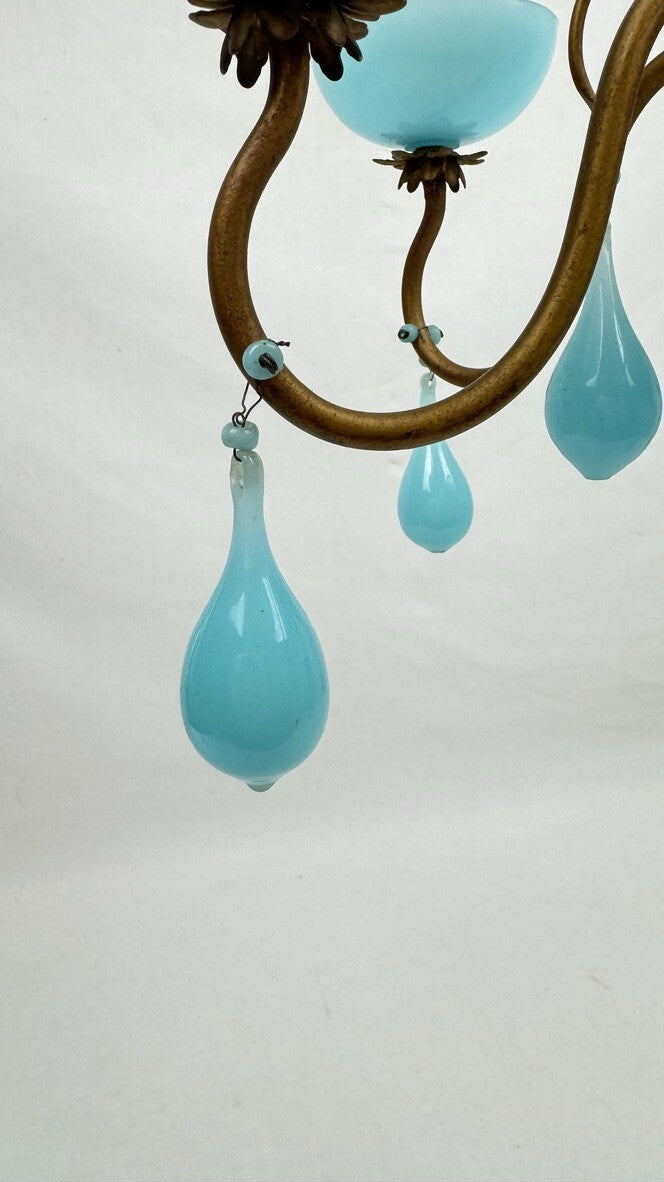 Lustre italien en laiton et opaline bleue, années 50