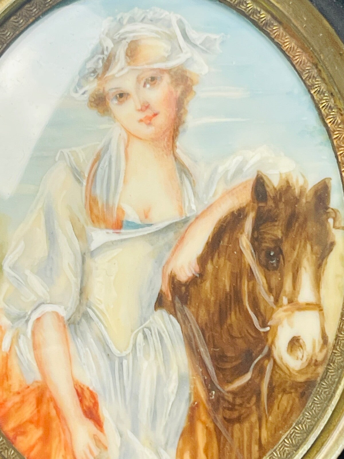 Belle miniature portrait de Jeune femme et son cheval