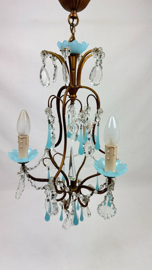 Petit lustre italien en laiton, opaline bleue et pampilles, années 50flag