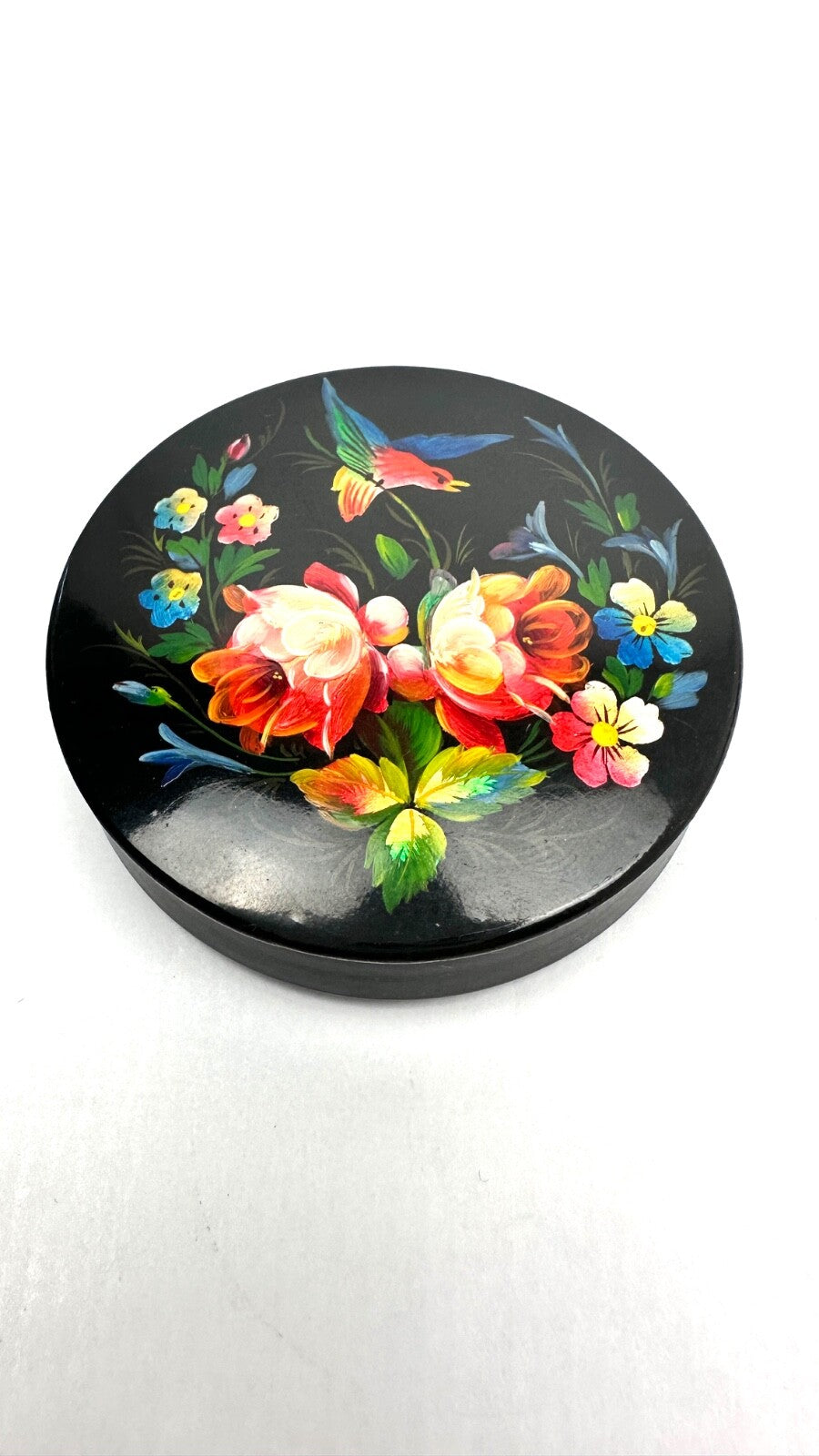 Boite en laque de Palekh, Russie, fleurs et oiseau en vol