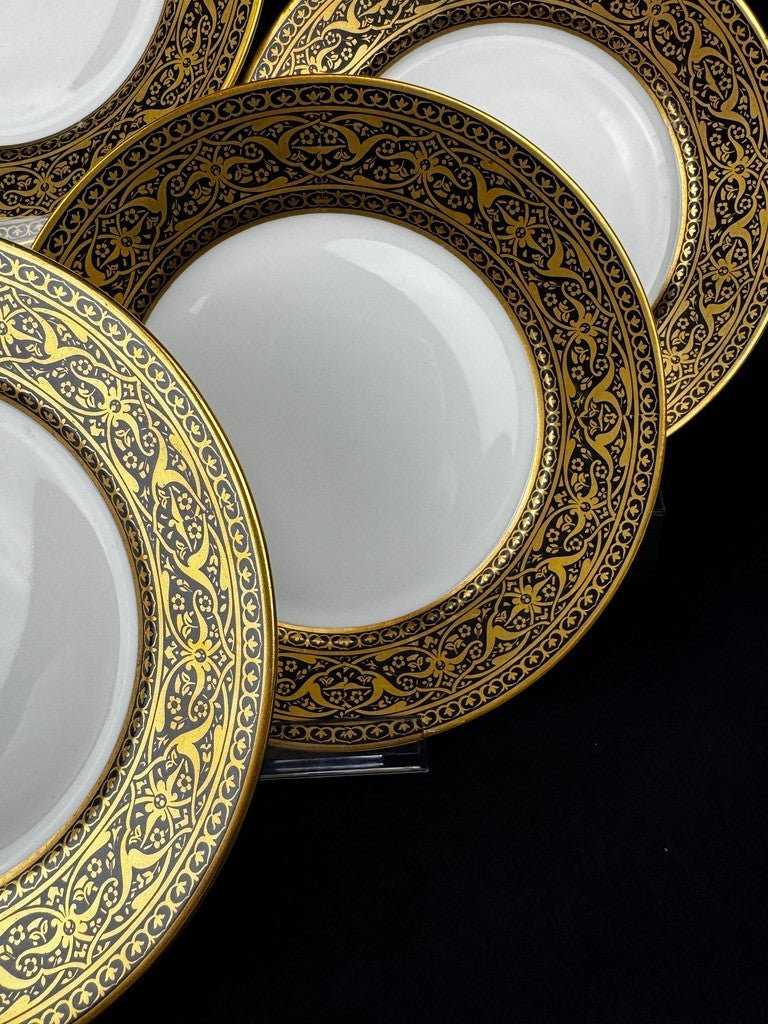 6 assiettes anciennes Limoges F Legrand noir et or, 18,5 cm