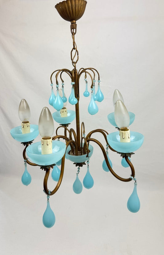 Lustre italien en laiton et opaline bleue, années 50