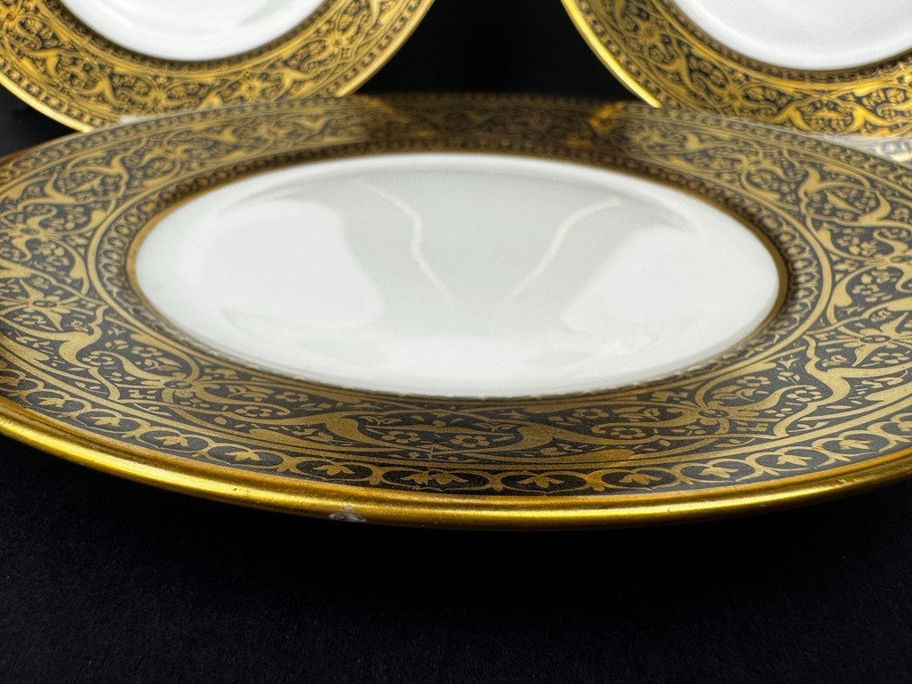 6 assiettes anciennes Limoges F Legrand noir et or, 18,5 cm