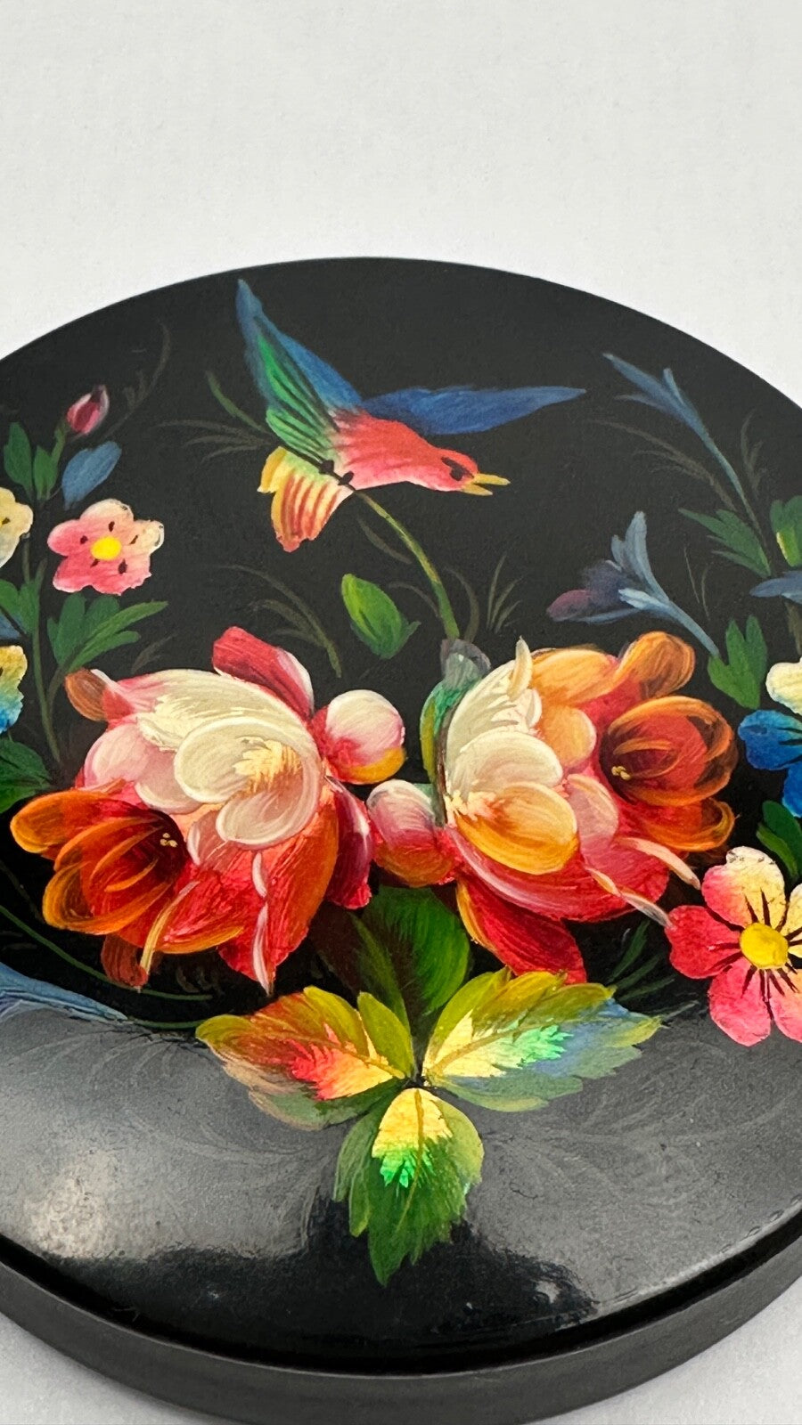 Boite en laque de Palekh, Russie, fleurs et oiseau en vol