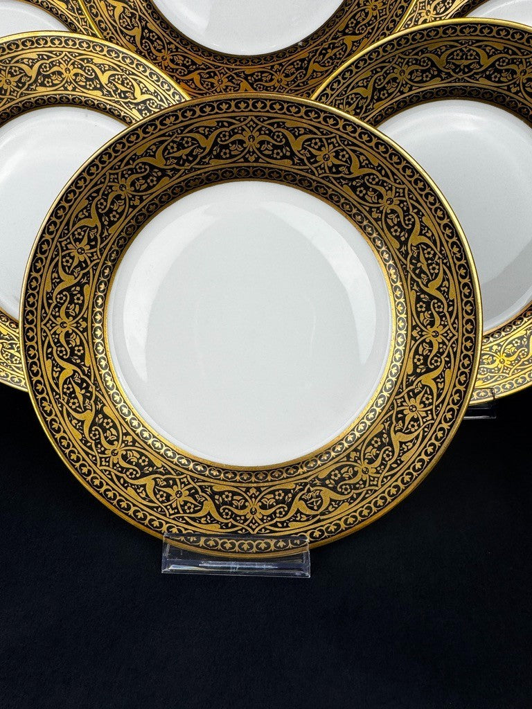 6 assiettes anciennes Limoges F Legrand noir et or, 18,5 cm