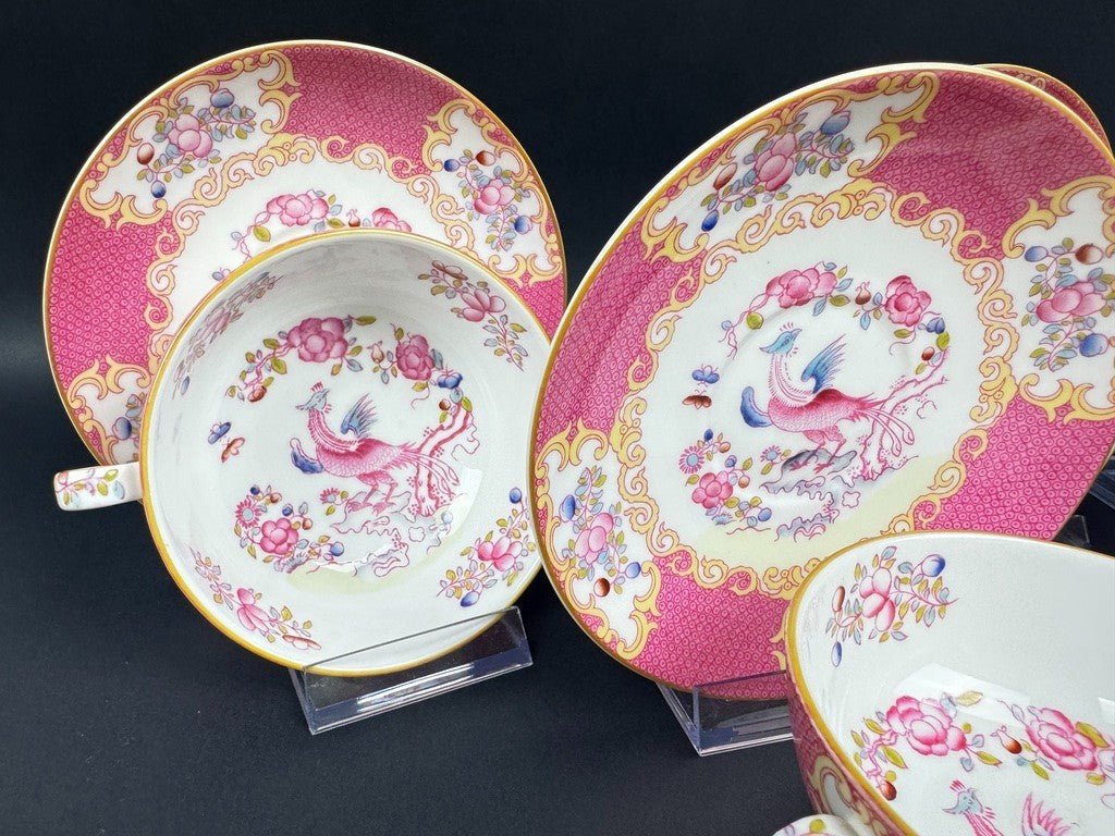 Minton, suite de 6 tasses à bouillon, pink cockatrice, oiseau de Paradis rose