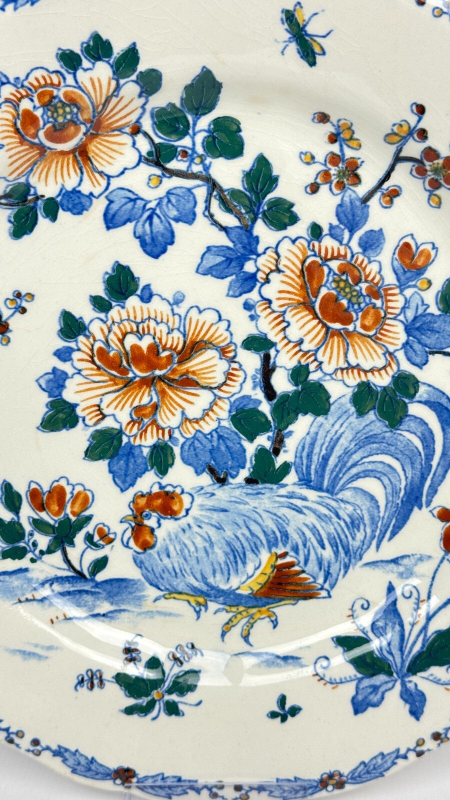 Gien 1875, suite de 6 assiettes plates Coq et pivoines
