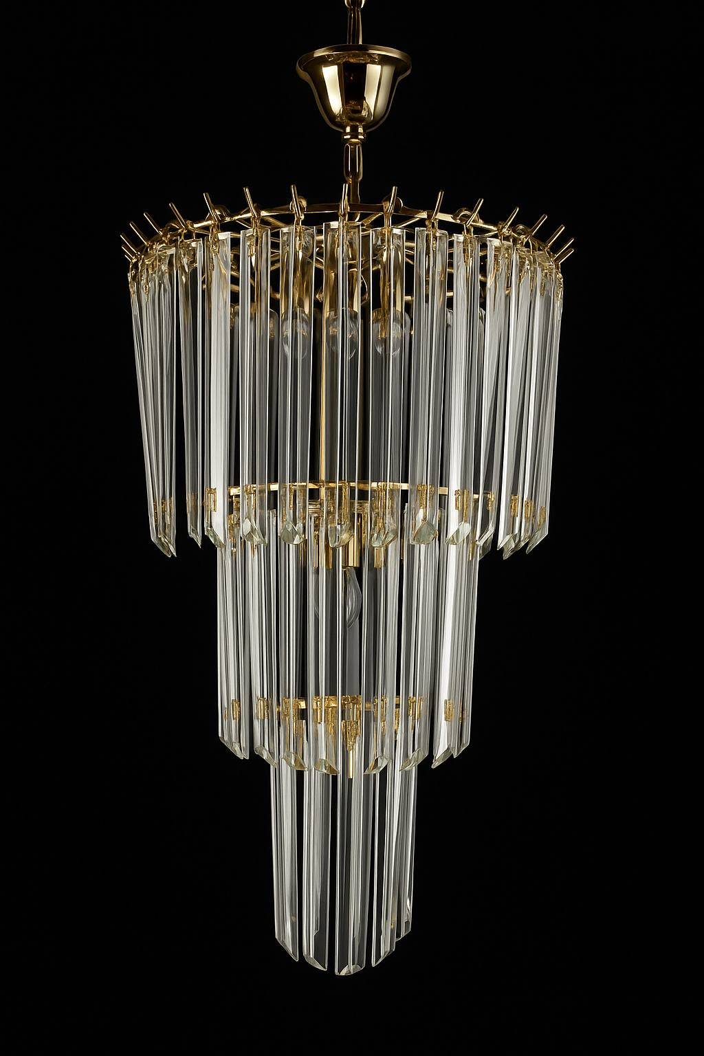 Lustre 3 rangs de tubes cristal Giesse Senago dans le gout de Venini, Italie