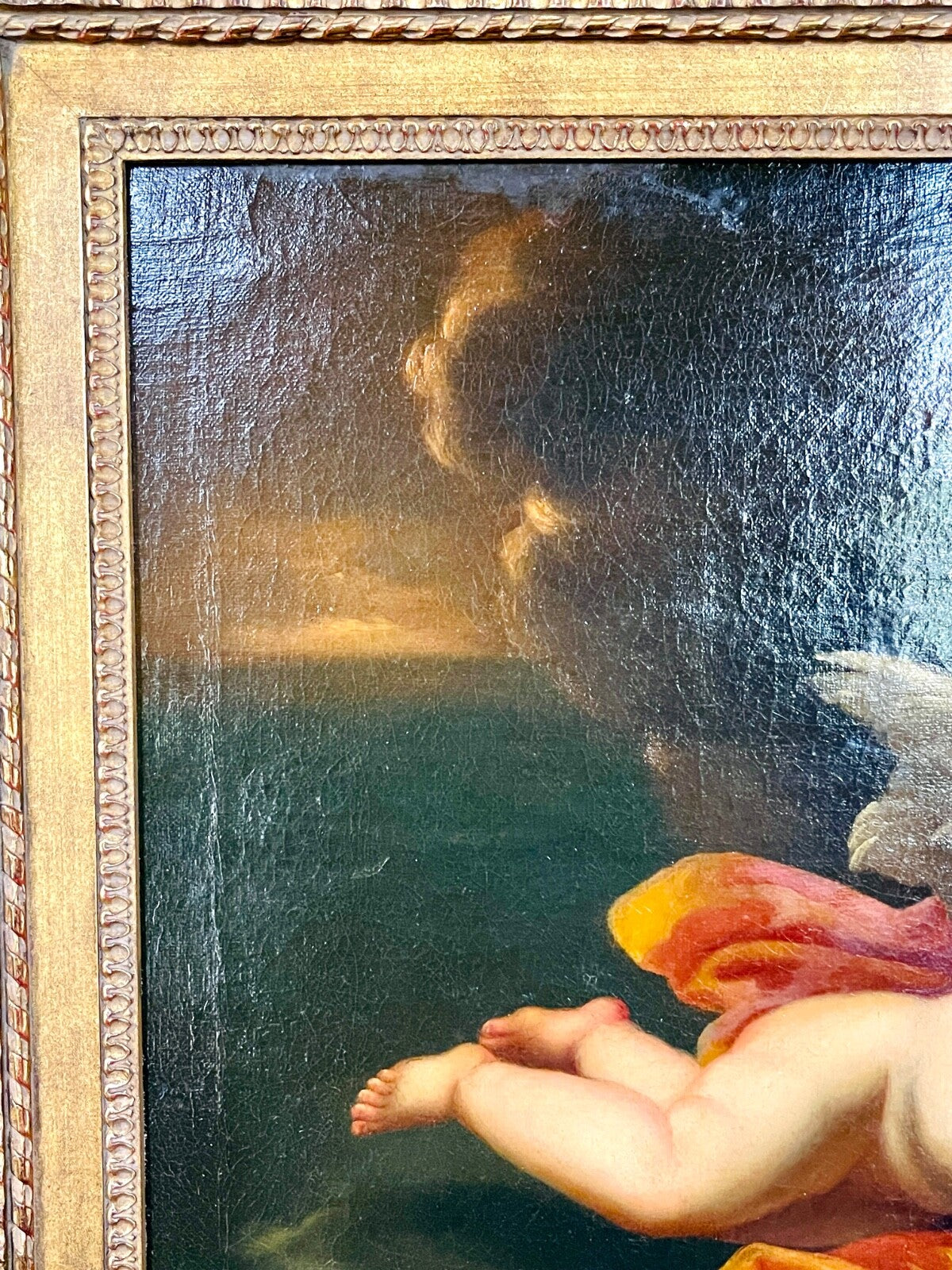 Huile Sur Toile, école Fin 17ème Début 18ème, Amour Tiré Par Un Dauphin