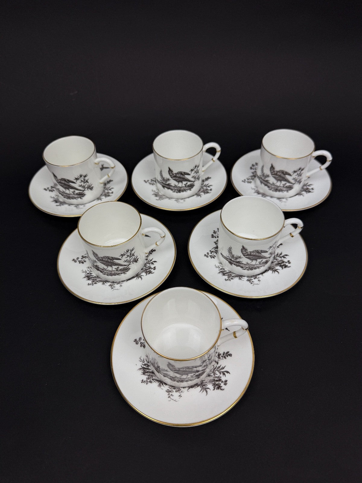 Suite de 6 tasses à café Royal Worcester, faisan noir