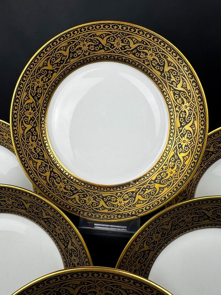 6 assiettes anciennes Limoges F Legrand noir et or, 18,5 cm