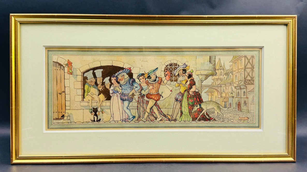 André Reuze (1896–1984) Aquarelle originale Scène de rue médiévale