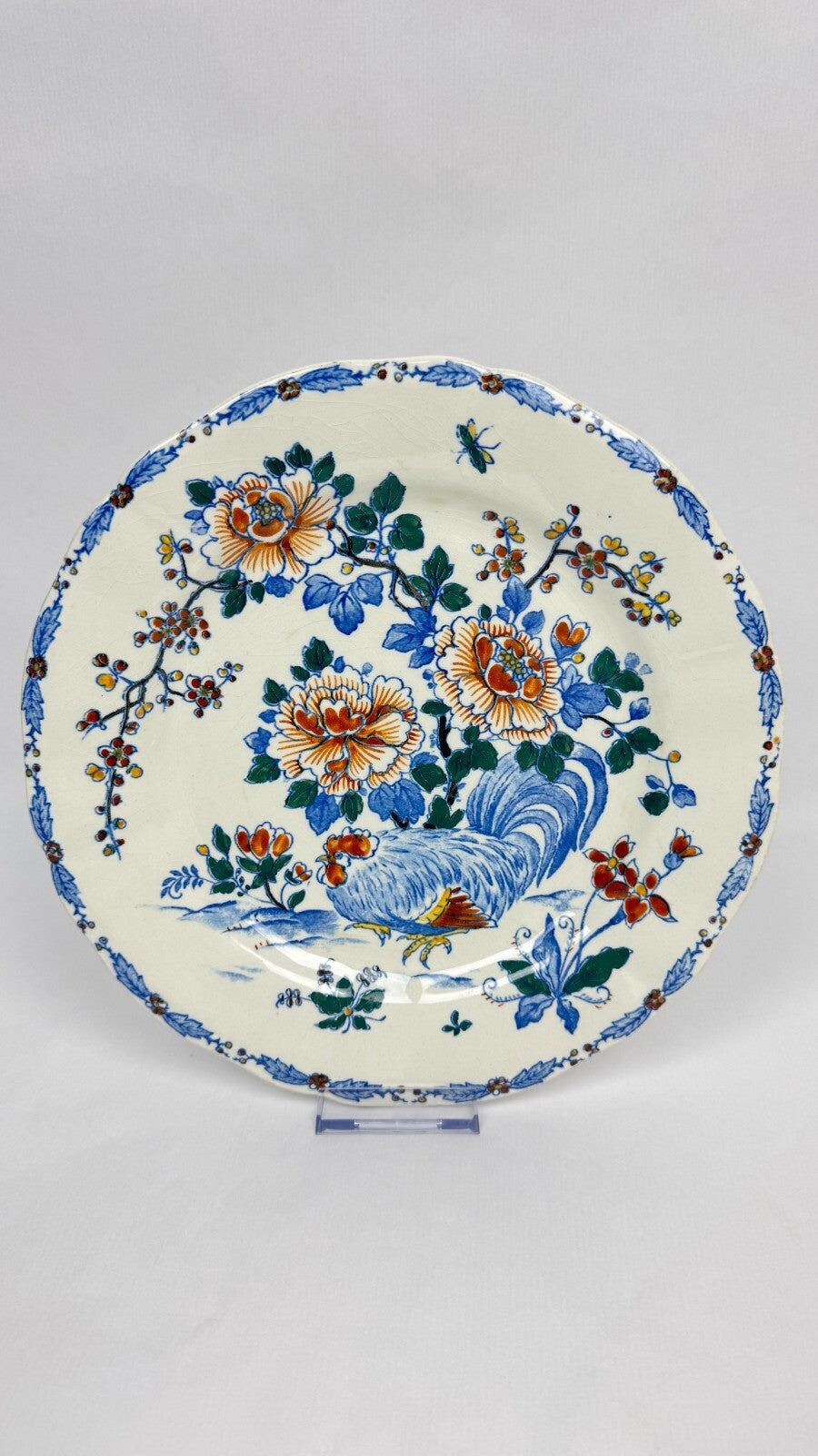 Gien 1875, suite de 6 assiettes plates Coq et pivoines