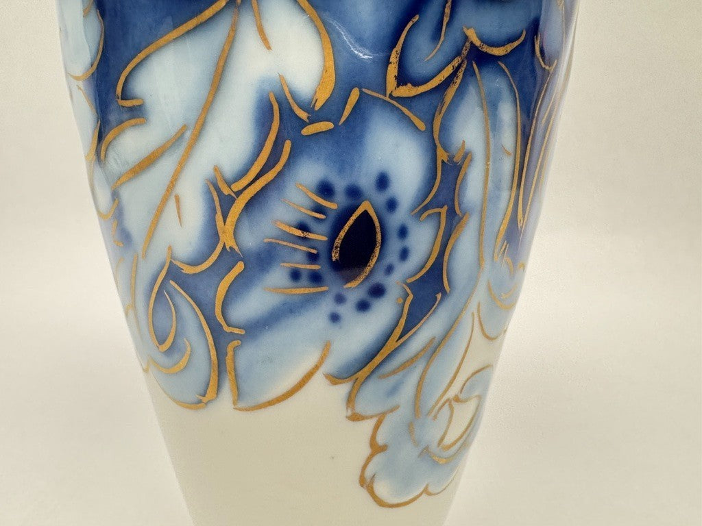 Vase n°6 Tharaud - Années 1950/60 - Décor Floral sur Fond Bleu Nuit, Filets Or