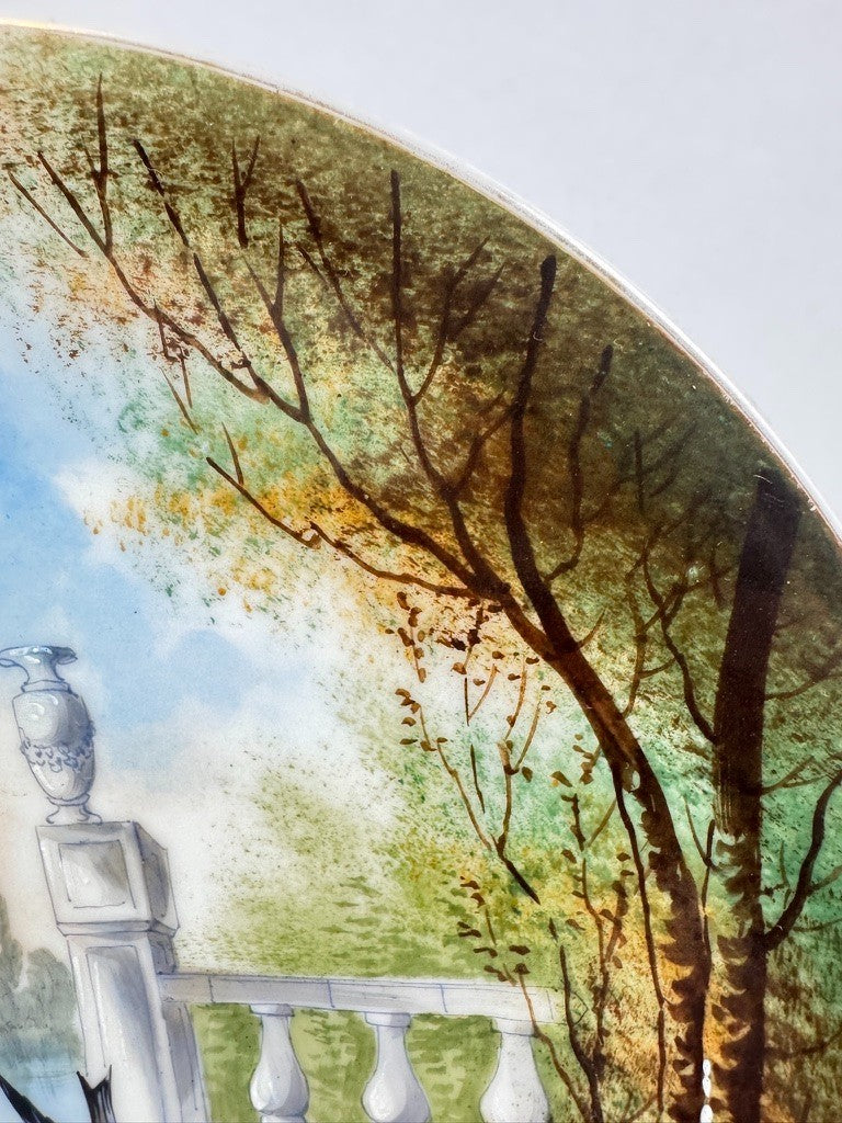 Assiette décorative peinte à la main - Décor oiseaux et paysage, Limoges - 23 cm