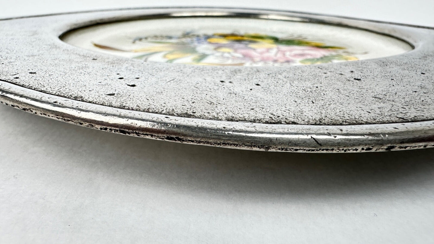 Assiette murale décorative faïence et étain aux fleurs de printemps