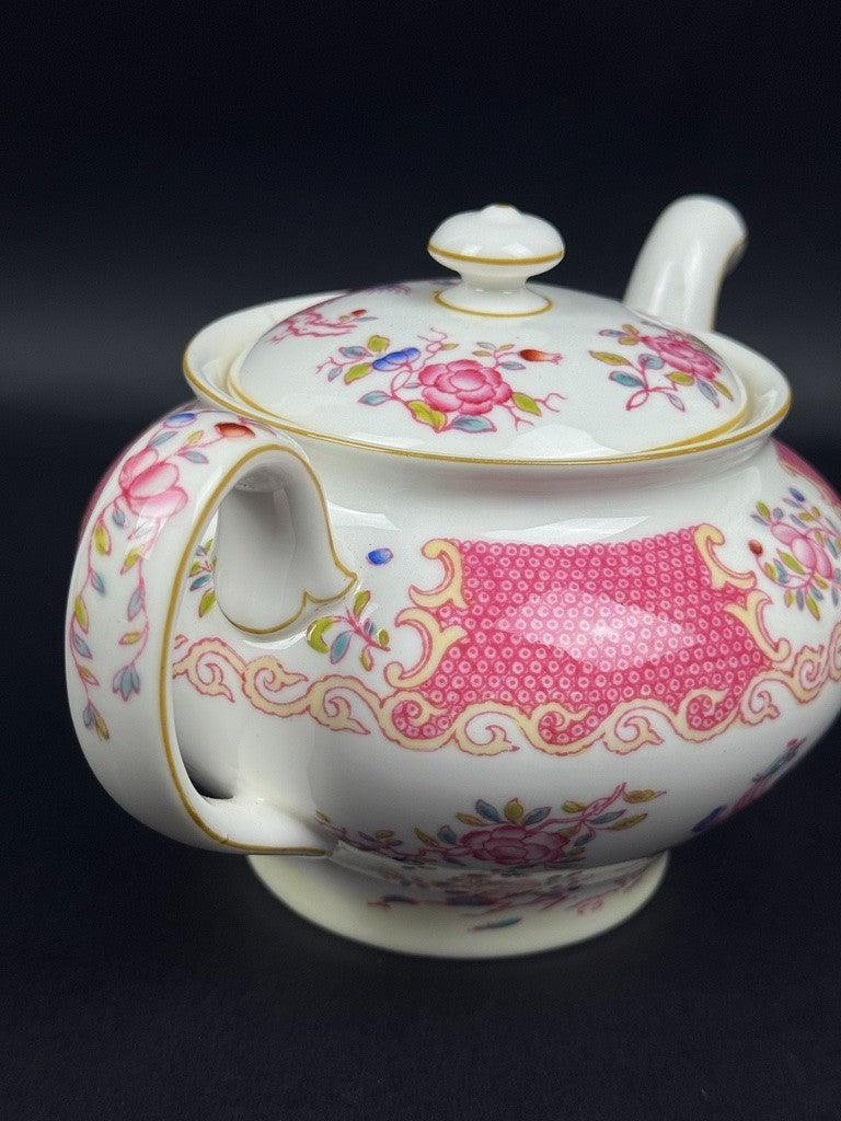 Minton, service à thé, 6 tasses et 3 pièces de forme, pink cockatrice, oiseau de