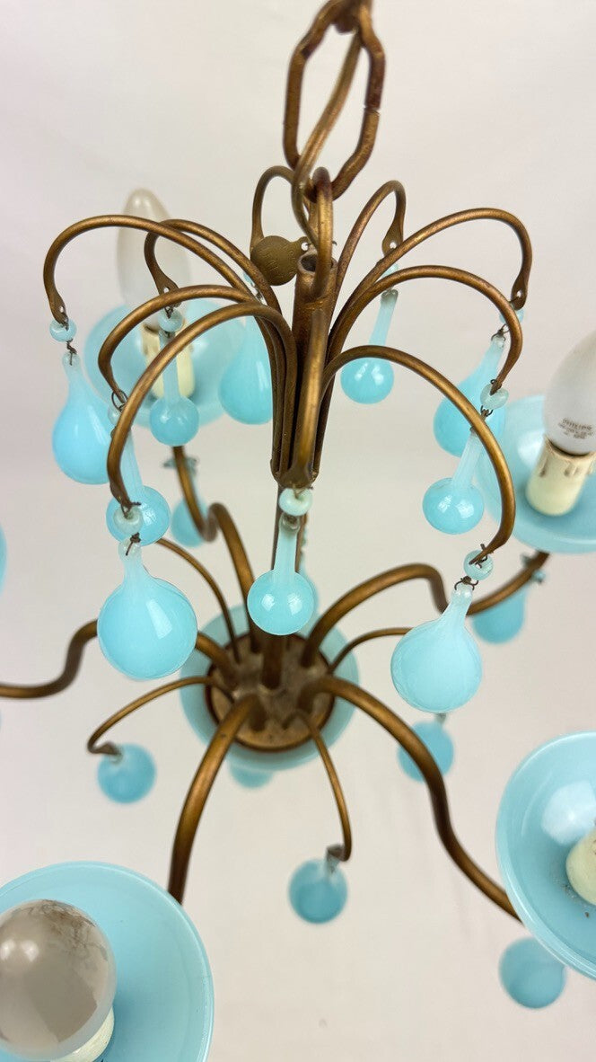 Lustre italien en laiton et opaline bleue, années 50