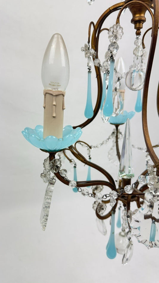 Petit lustre italien en laiton, opaline bleue et pampilles, années 50flag