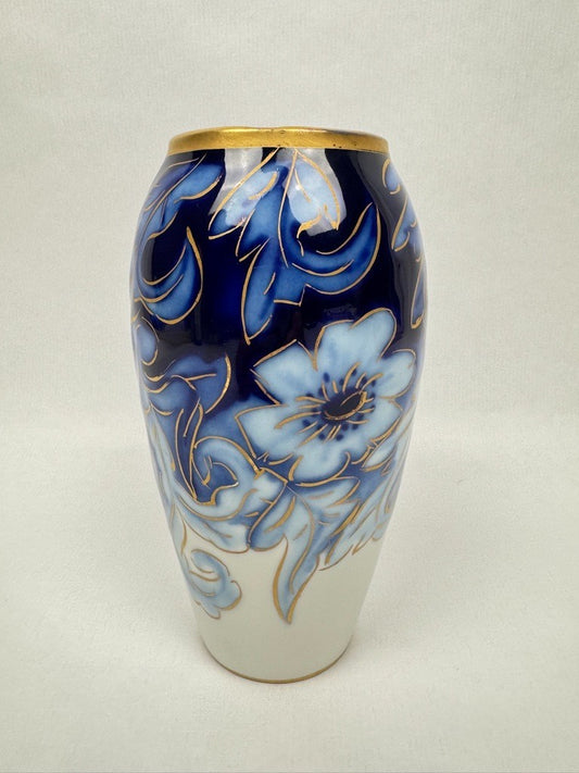 Vase n°6 Tharaud - Années 1950/60 - Décor Floral sur Fond Bleu Nuit, Filets Or