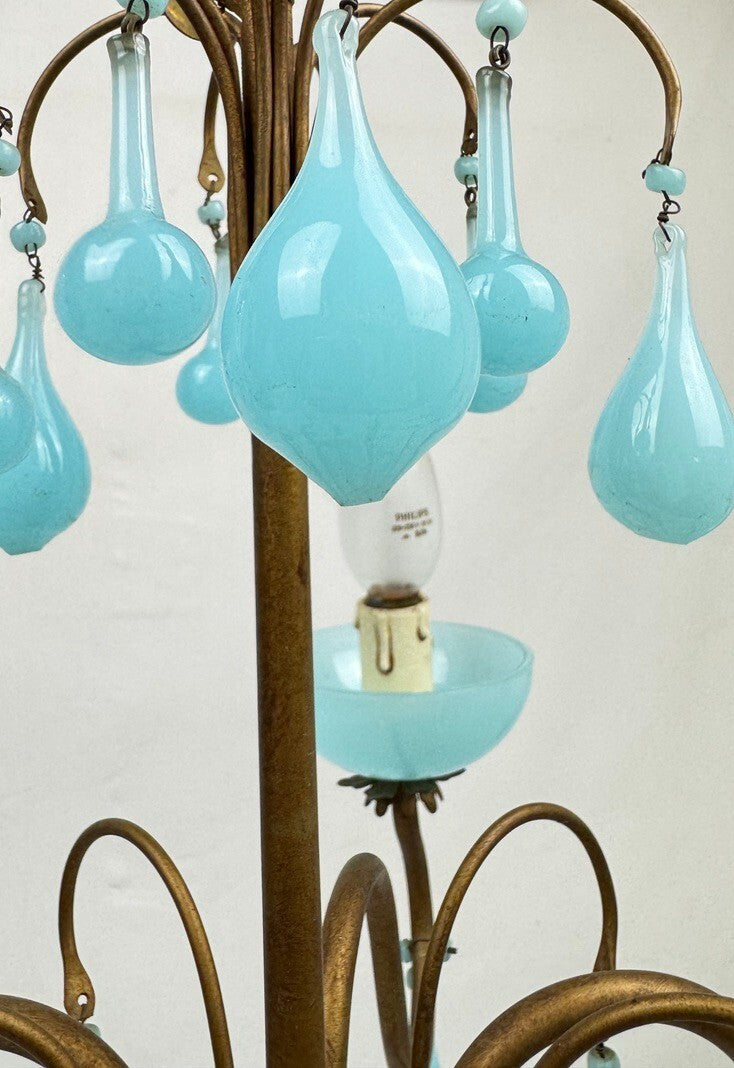 Lustre italien en laiton et opaline bleue, années 50
