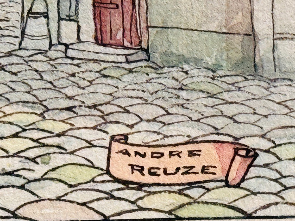André Reuze (1896–1984) Aquarelle originale Scène de rue médiévale