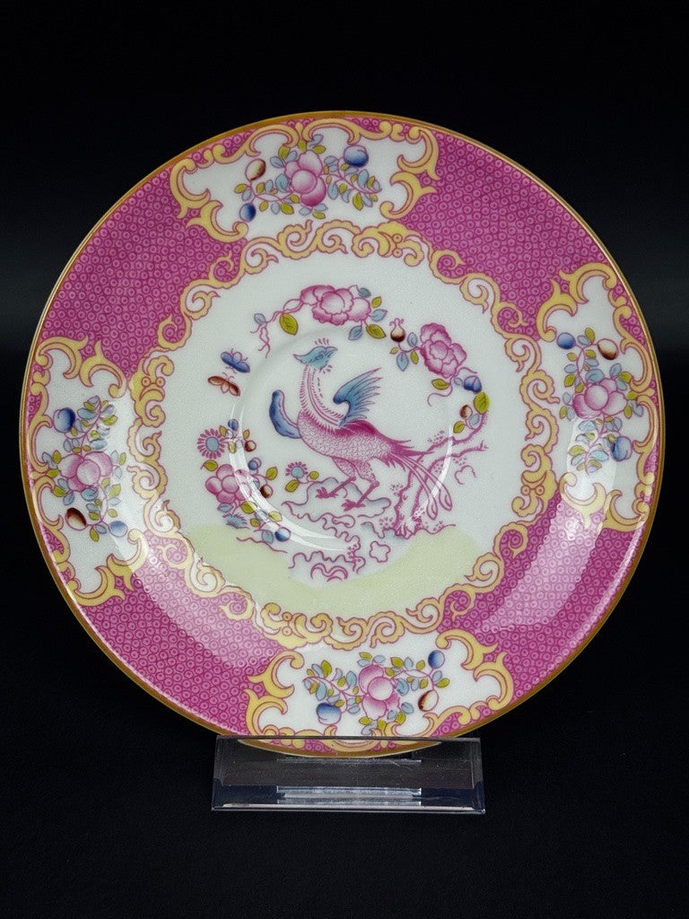 Minton, service à thé, 6 tasses et 3 pièces de forme, pink cockatrice, oiseau de