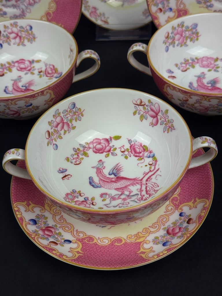 Minton, suite de 6 tasses à bouillon, pink cockatrice, oiseau de Paradis rose