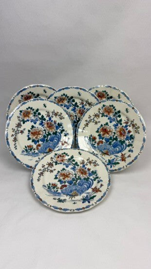 Gien 1875, suite de 6 assiettes plates Coq et pivoines