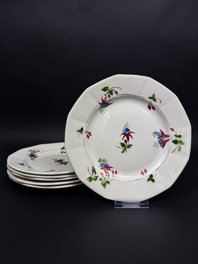 Lot de 6 assiettes plates Sarreguemines, modèle Bermudes – vers 1950