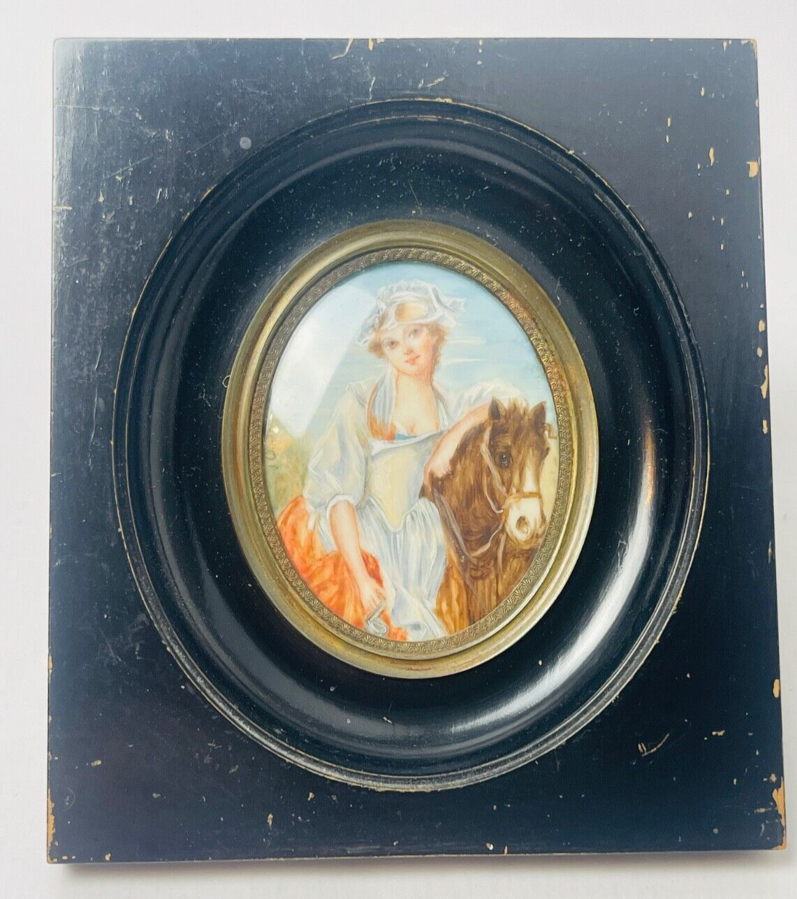 Belle miniature portrait de Jeune femme et son cheval