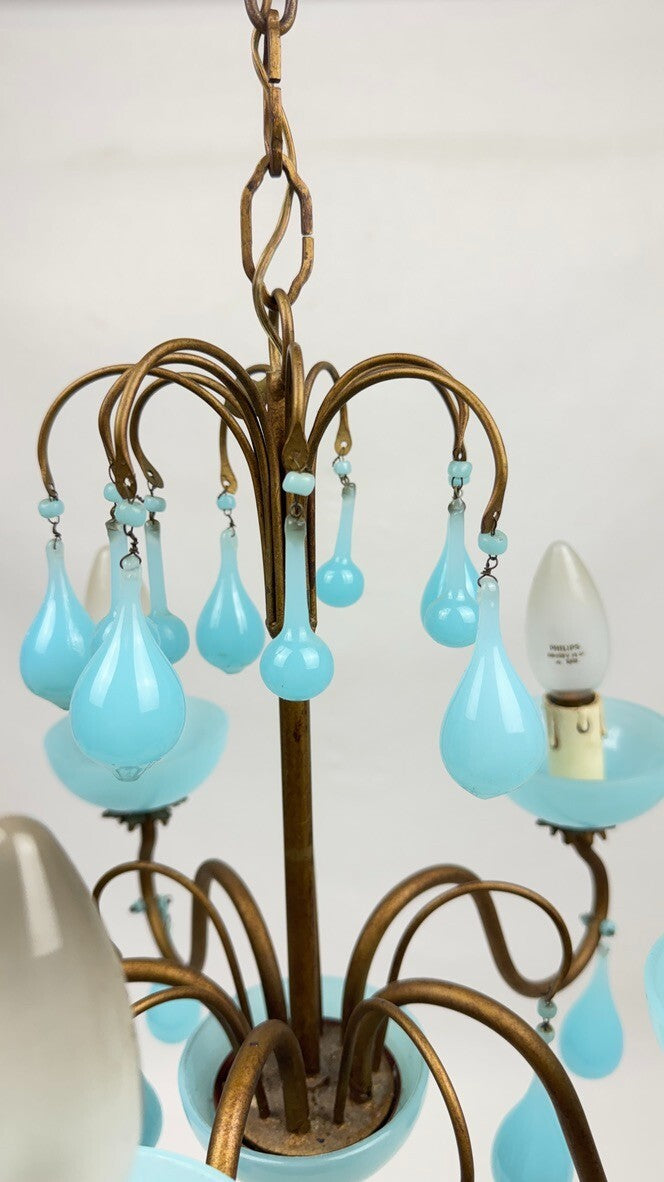 Lustre italien en laiton et opaline bleue, années 50