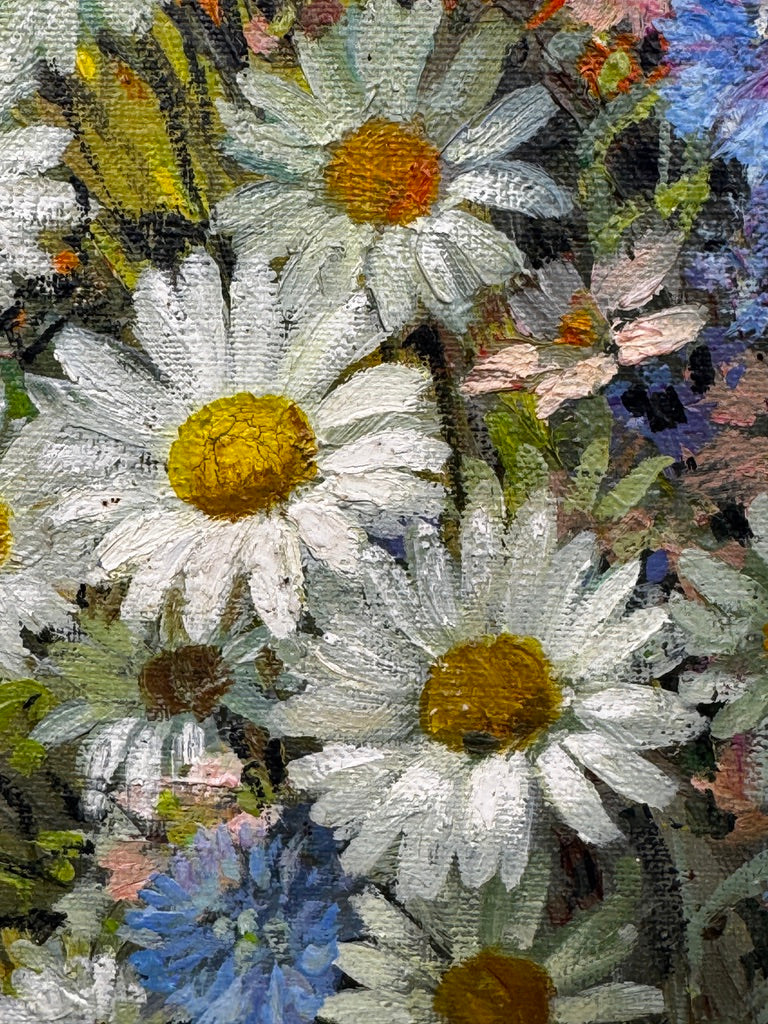 André Robert – Bouquet champêtre dans un pichet en grès – Huile sur toile, 90 × 70 cm