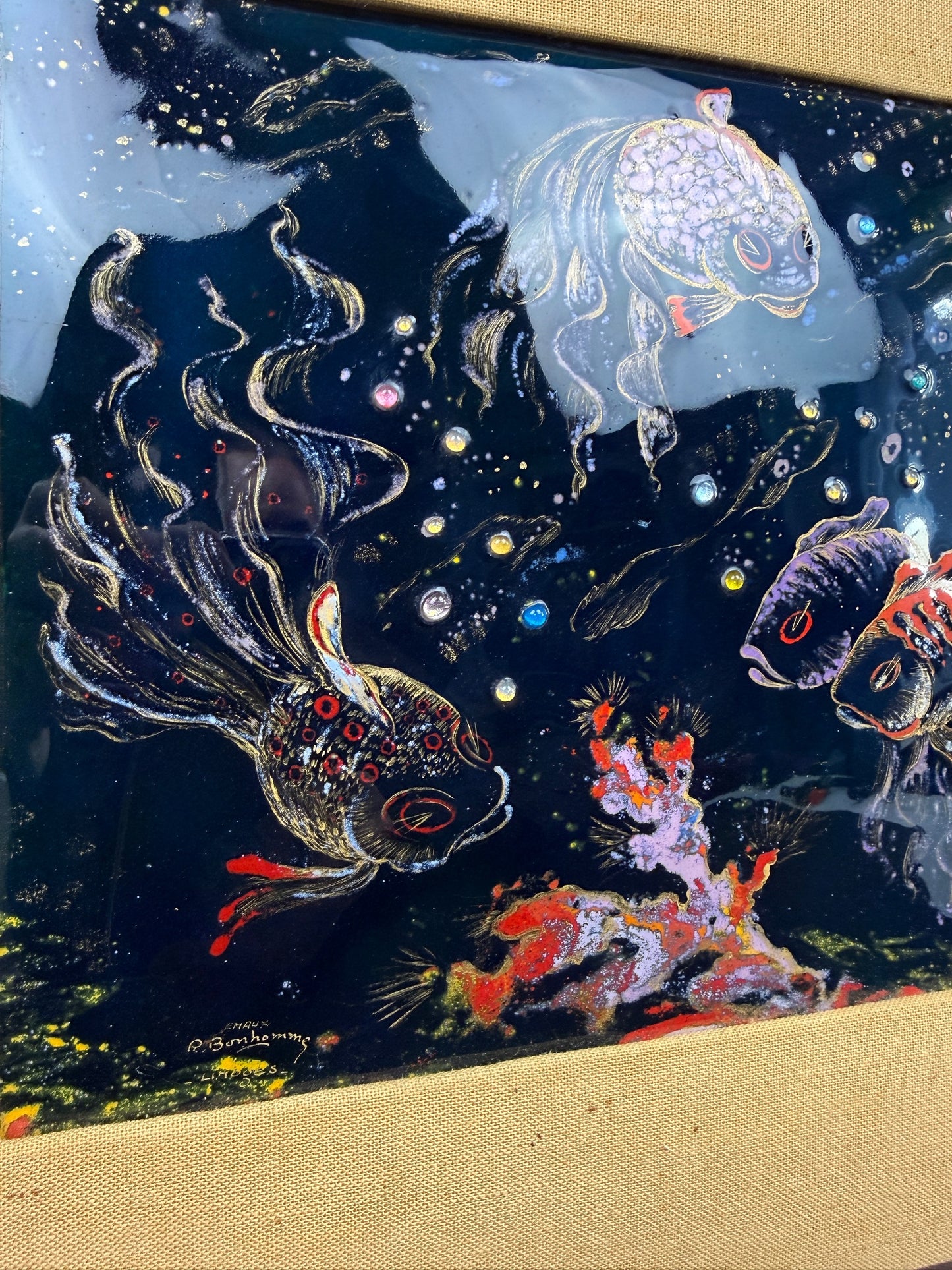 René Bonhomme – Émaux de Limoges – Poissons – Plaque émaillée XXe siècle