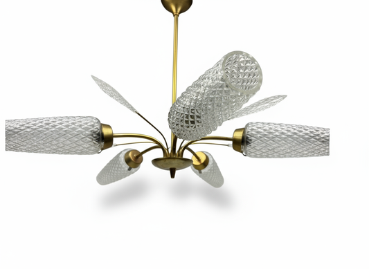 Lustre vintage en laiton et verre taillé – Italie, années 50